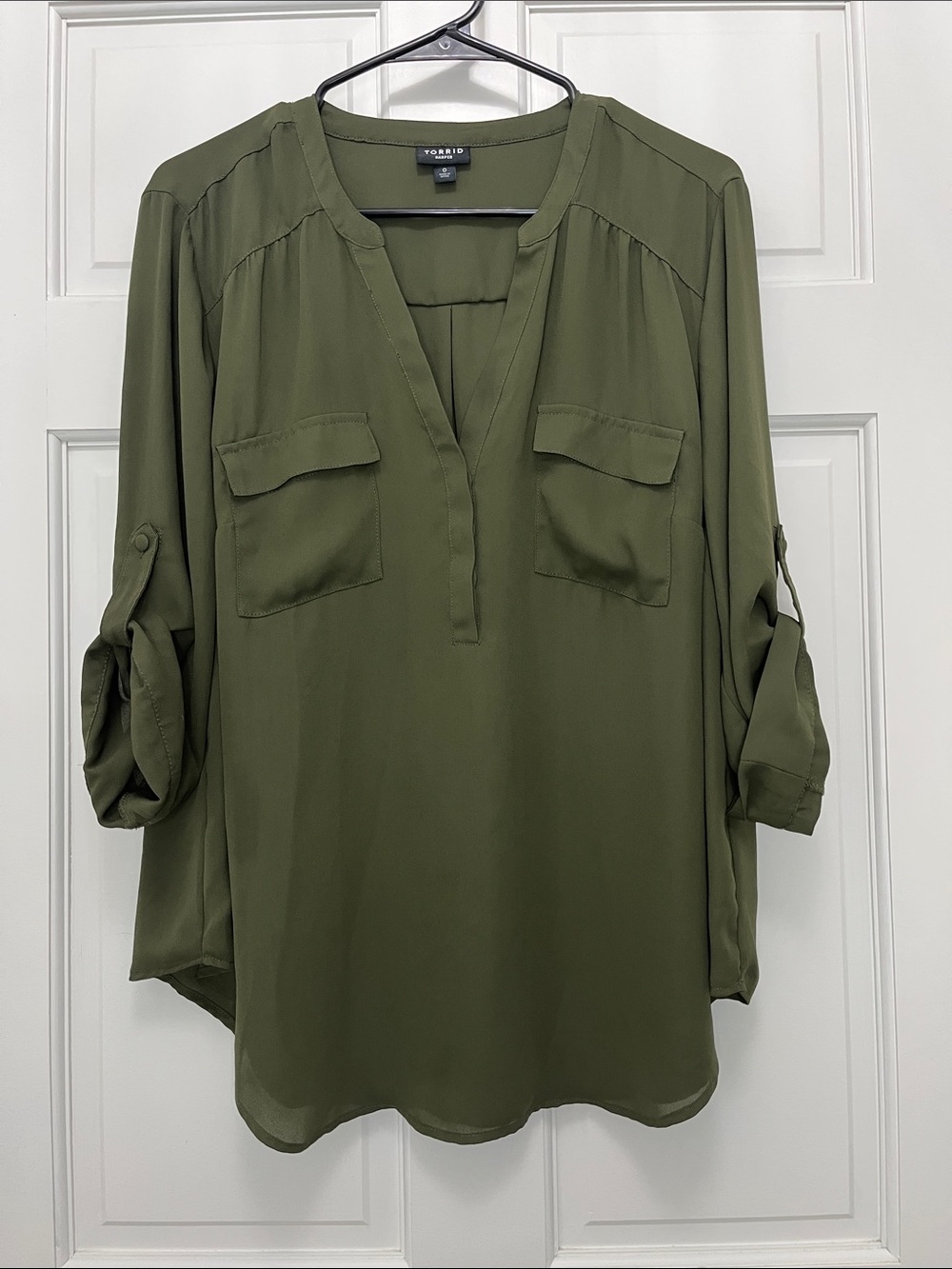 torrid Harper Green Split V Neck Utility Blouse 3/4 Sleeve - Size 0X